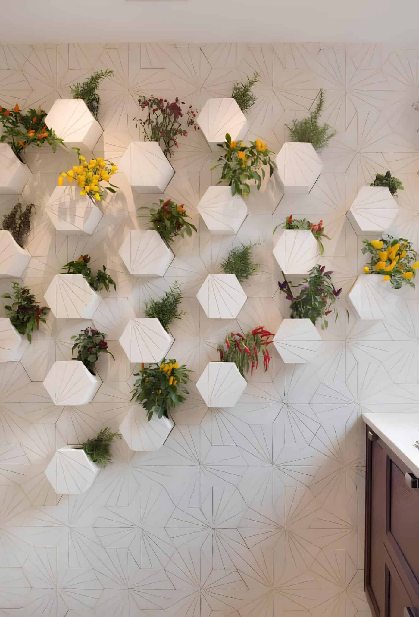 Modern hexagonal wall design with lush green ferns as decor