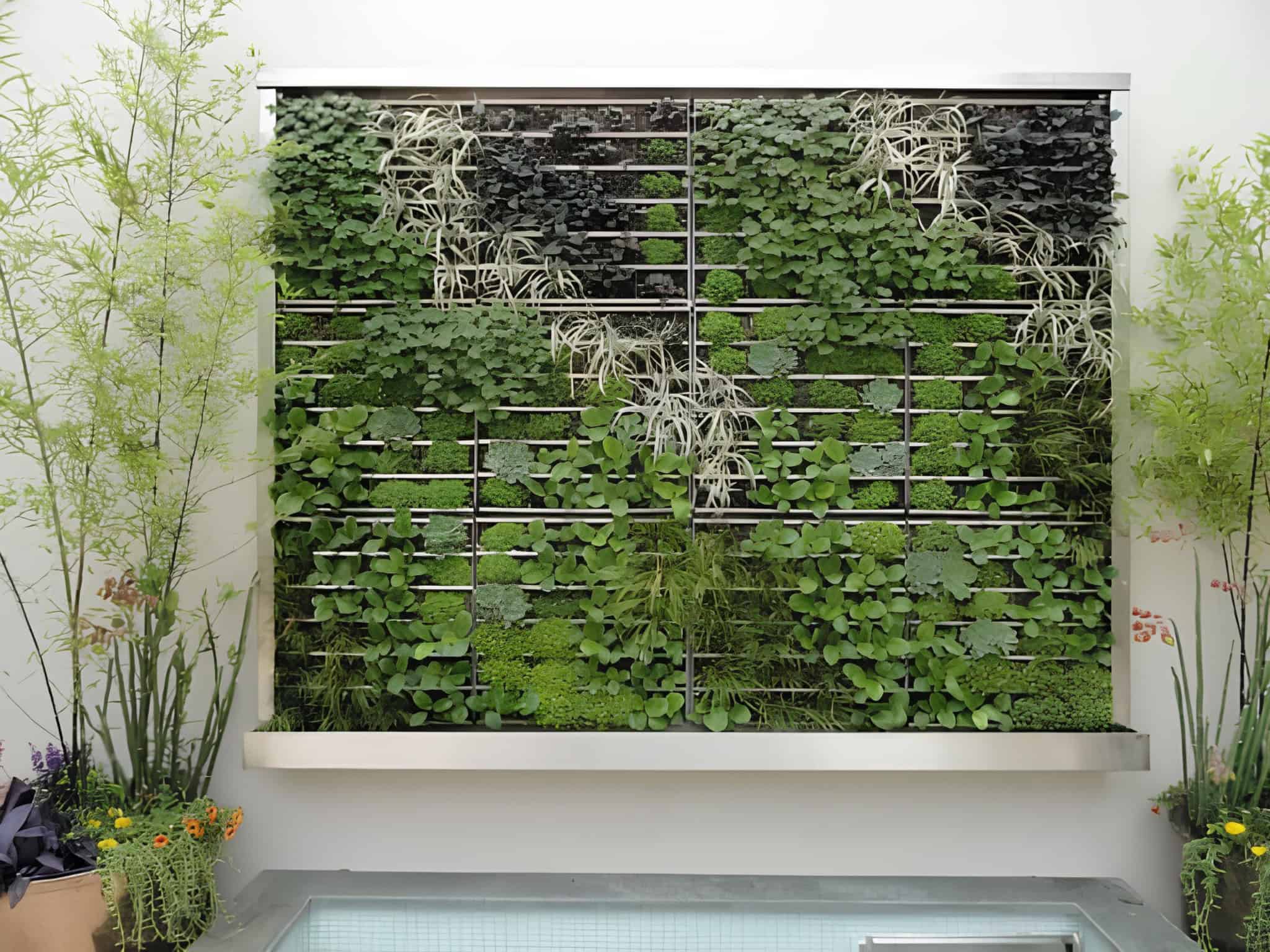 Structured green wall with modular rows of various plants