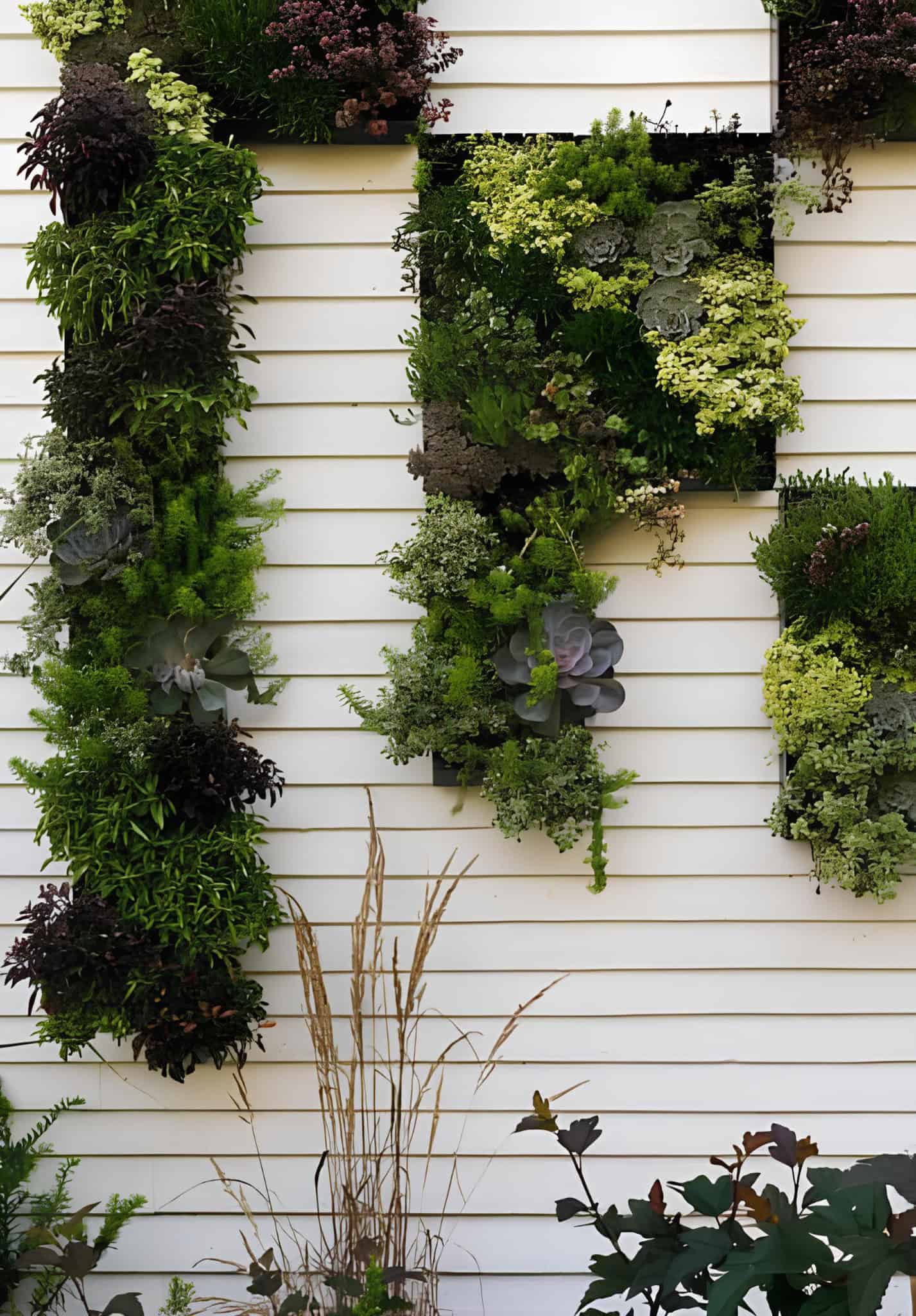Symmetrical living wall garden on modern white siding