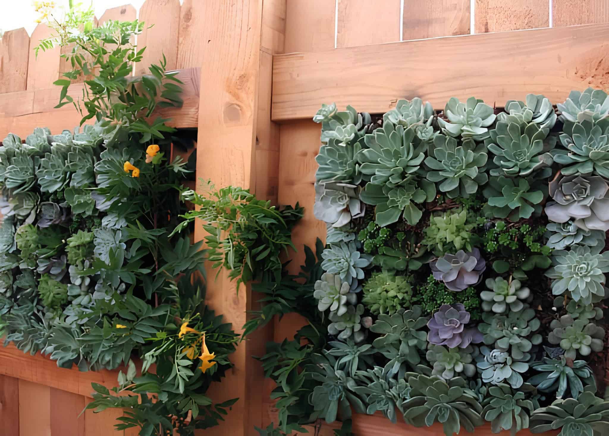 Succulent wall art planter with square wooden frame on fence