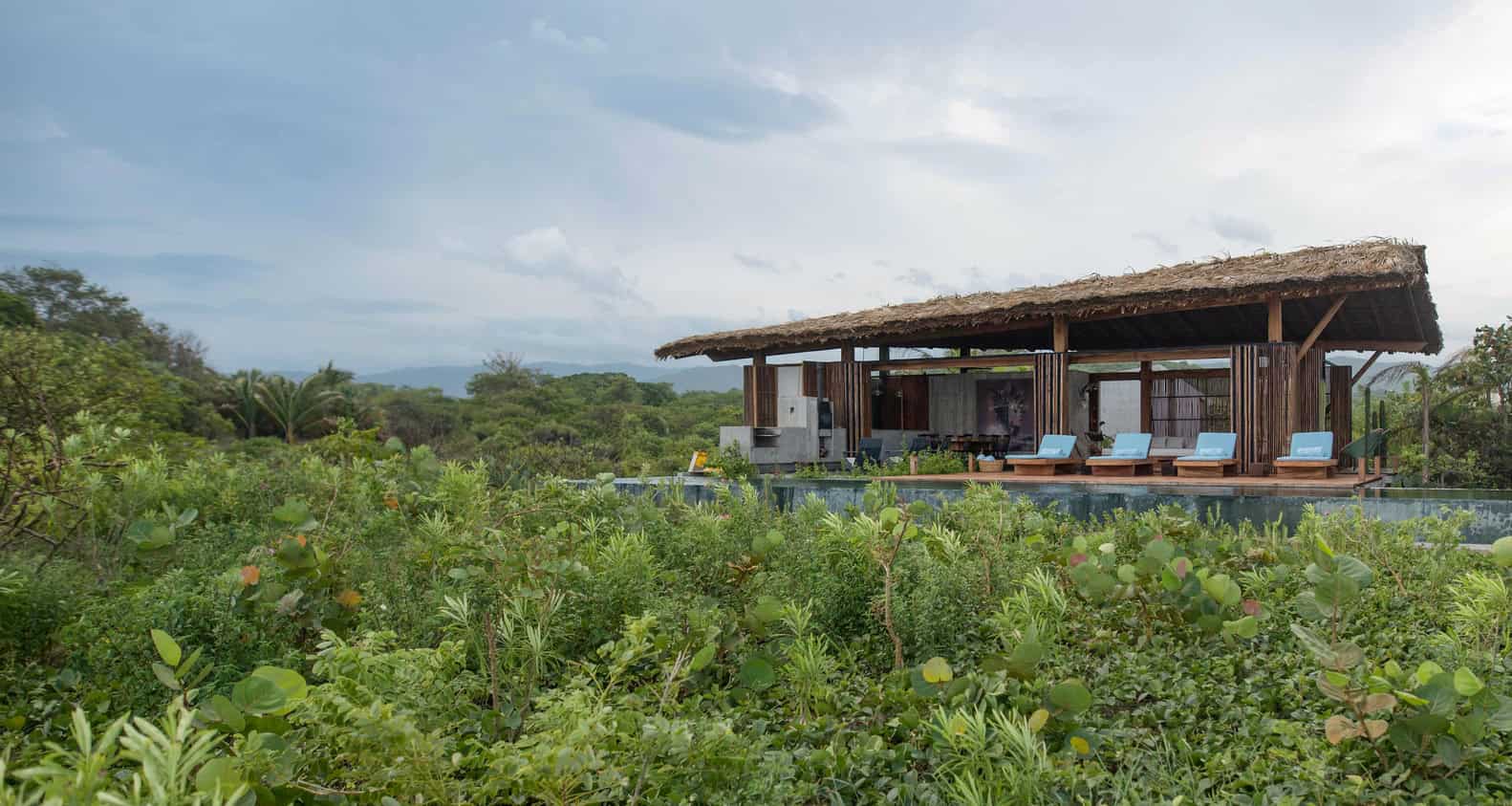 Modern eco-friendly villa with thatched roof, open living space, and infinity pool amidst lush greenery and tropical landscape.