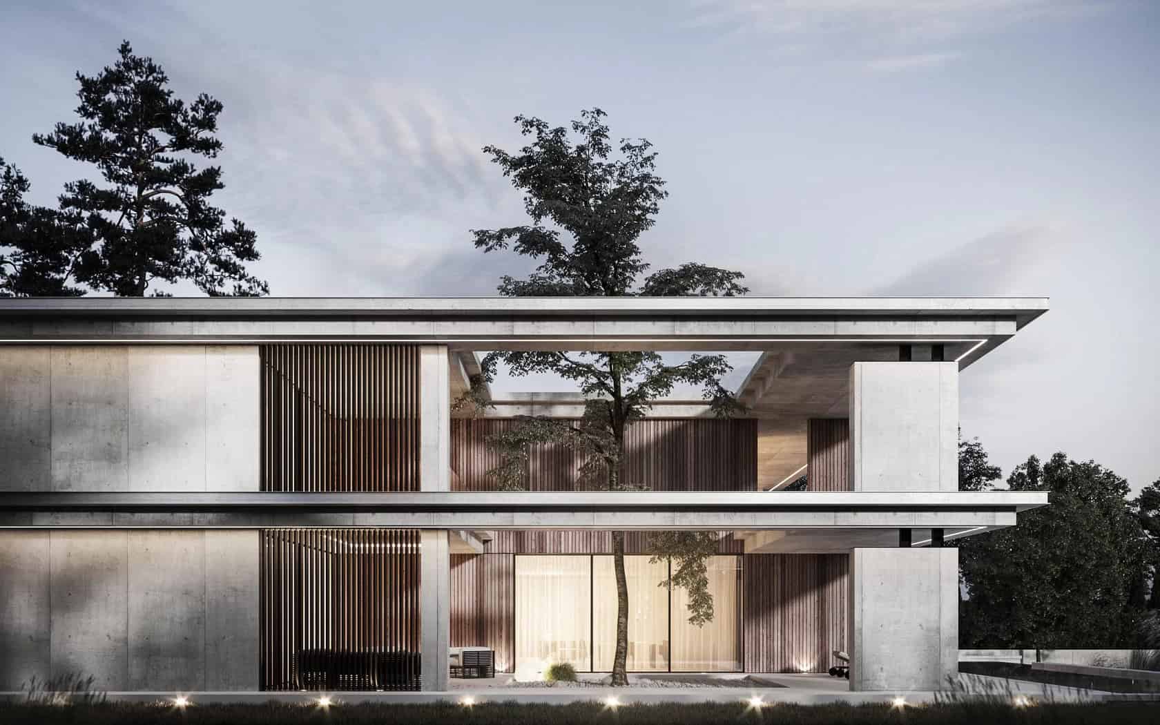 Modern minimalist concrete and wood residence with open terraces, sleek design, and integrated natural elements showcasing innovative architecture and interior design.