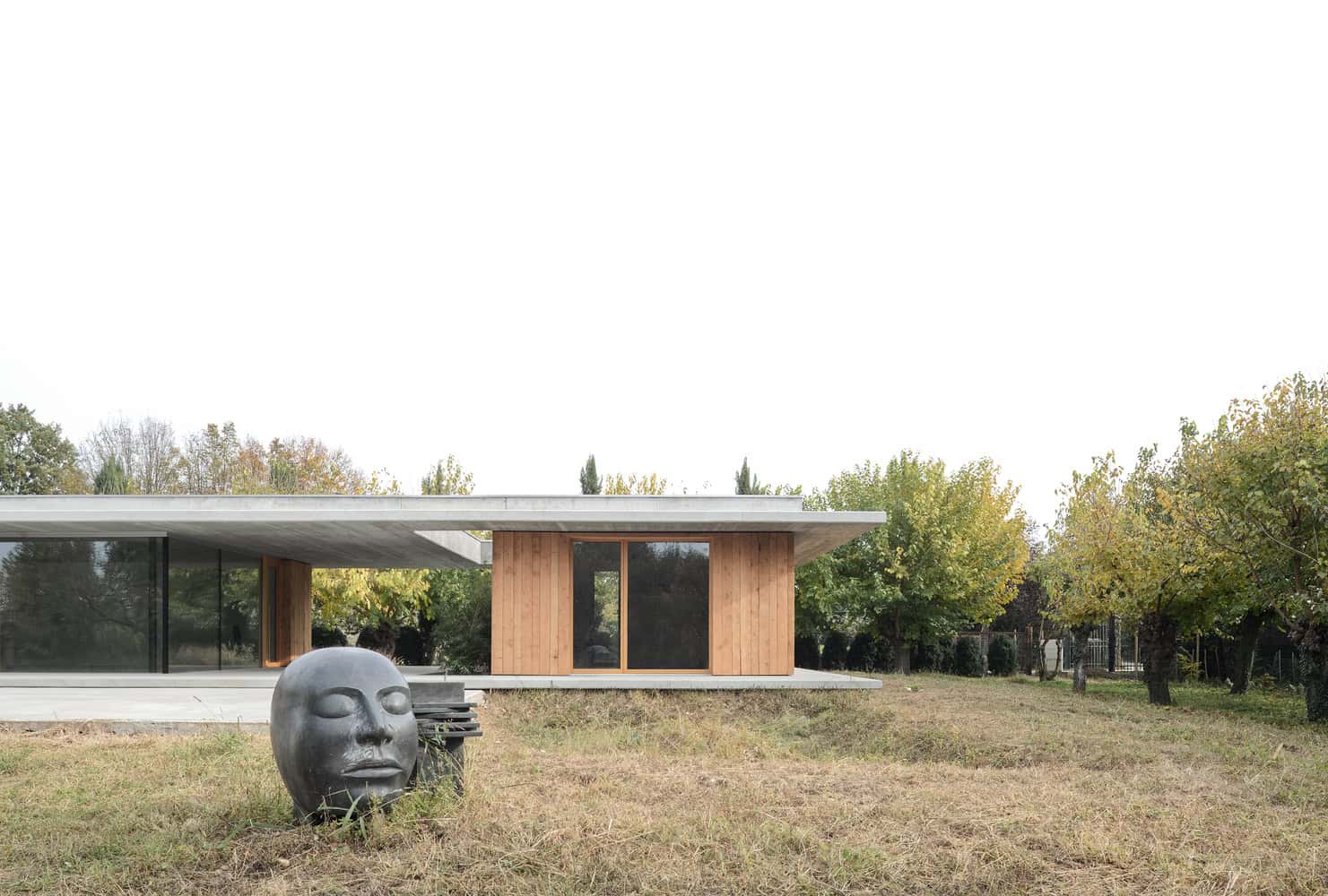Contemporary modern house with minimalist design, featuring large glass windows, wooden accents, and flat roof, set in a landscaped yard with artistic sculpture.