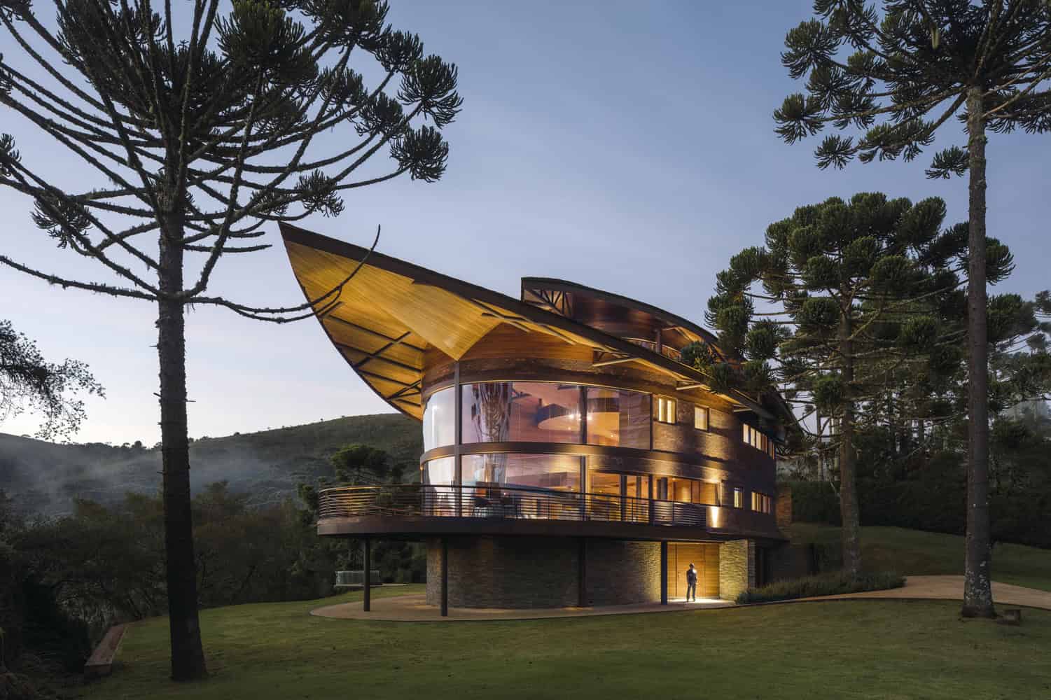 Contemporary modern house with curved glass walls and wooden roof, set in a lush landscape with tall trees, showcasing innovative architecture design and environmental harmony.