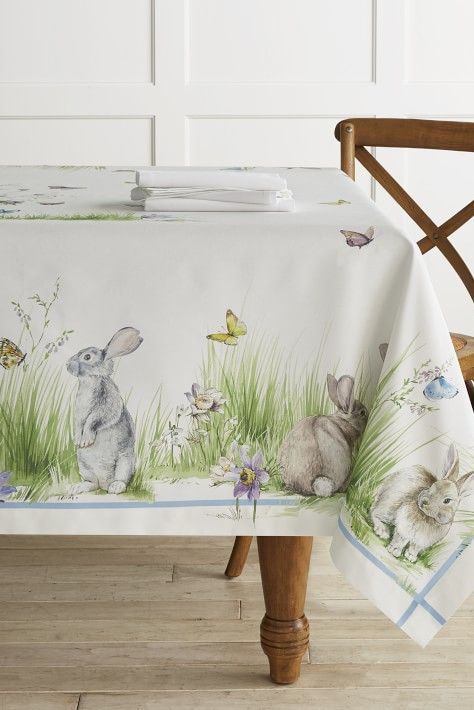 ALAZA Rectangle Tablecloth Fabric Tablecloth Table Cover 54 x 72 inch Cute Rabbits and Flowers Happy Easter