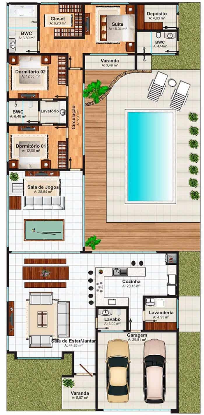 1. House plan with 3 bedrooms, swimming pool and games room 1. House plan with 3 bedrooms, swimming pool and games room