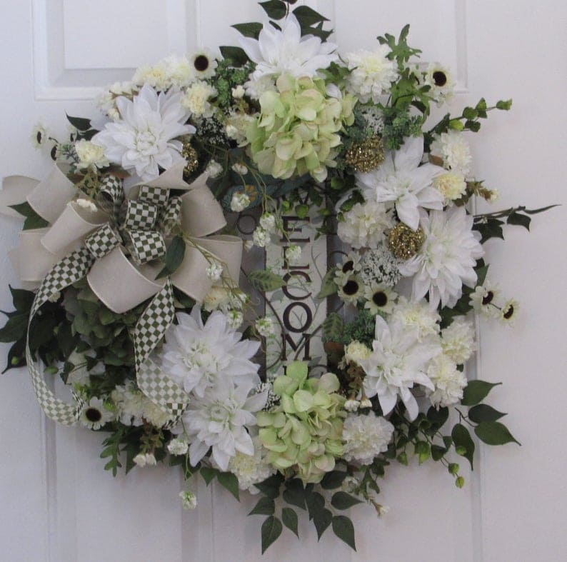 9. Designer Flowering Meadow Welcome Wreath with White Peonies, Green Hydrangeas and Wildflowers with Hand Tied coordinating Bow 9. Designer Flowering Meadow Welcome Wreath with White Peonies, Green Hydrangeas and Wildflowers with Hand Tied coordinating Bow