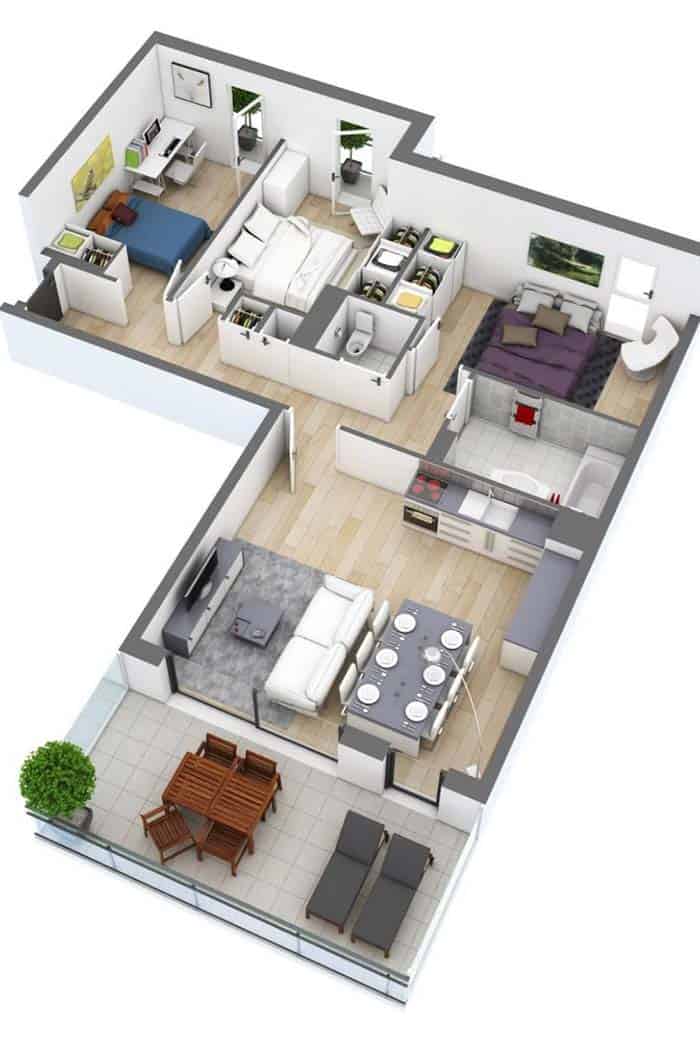 6. Apartment plan with 3 3D rooms and integrated environments 6. Apartment plan with 3 3D rooms and integrated environments