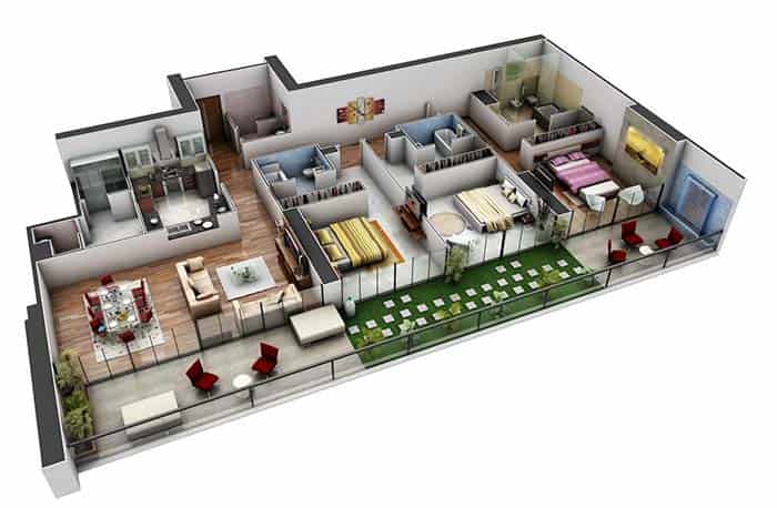 7. 3D apartment plan with three-bedroom suites 7. 3D apartment plan with three-bedroom suites