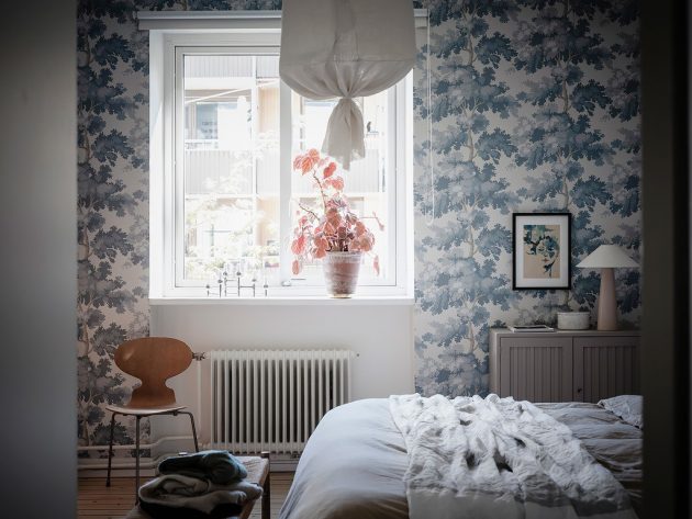 Delicate Bedroom with Floral Wallpaper & Natural Ambience