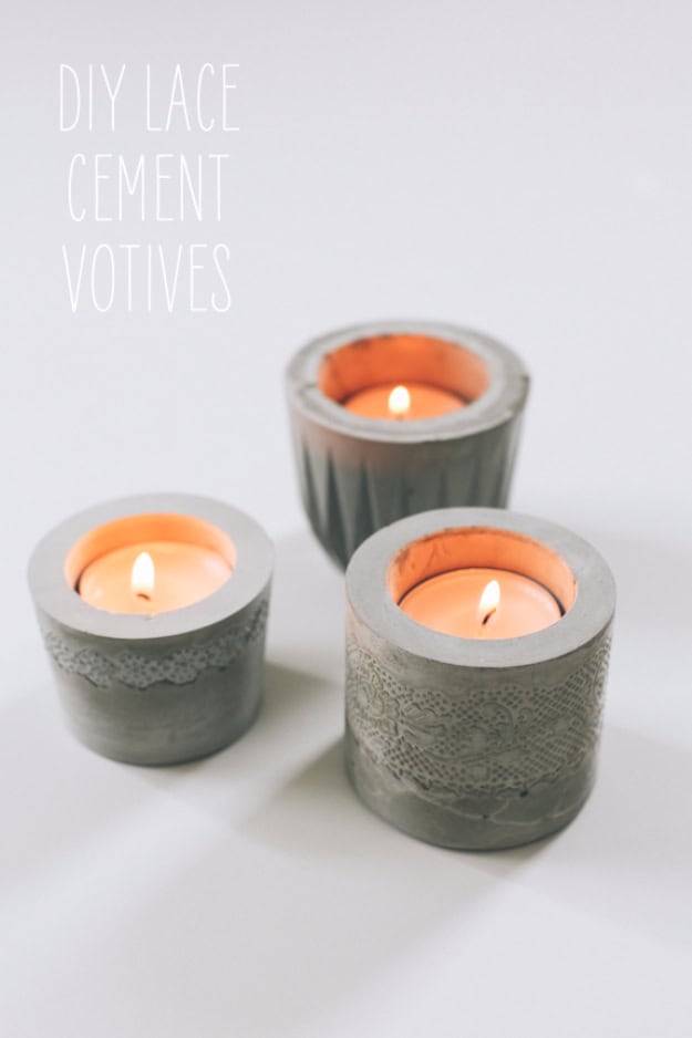 14. DIY Lace Cement Votives 14. DIY Lace Cement Votives
