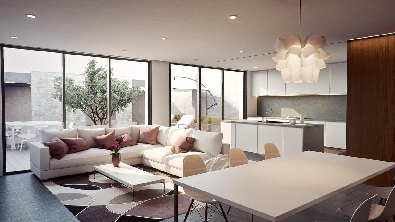 Modern minimalist living room with open-concept kitchen, featuring large glass windows, contemporary furniture, and stylish lighting, showcasing sleek interior design.