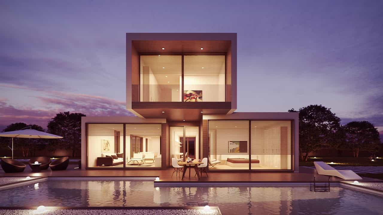 Modern luxury house with open-plan living, sleek architectural design, and a scenic poolside view at sunset. Innovative home architecture showcasing contemporary aesthetics and stylish exterior design.