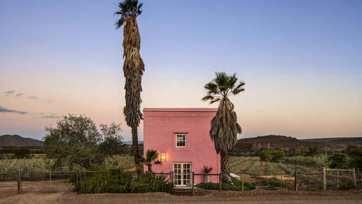 Colorful pink desert house surrounded by tall palm trees in a scenic landscape.