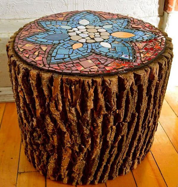 10. Rustic Mosaic Top Log Table 10. Rustic Mosaic Top Log Table