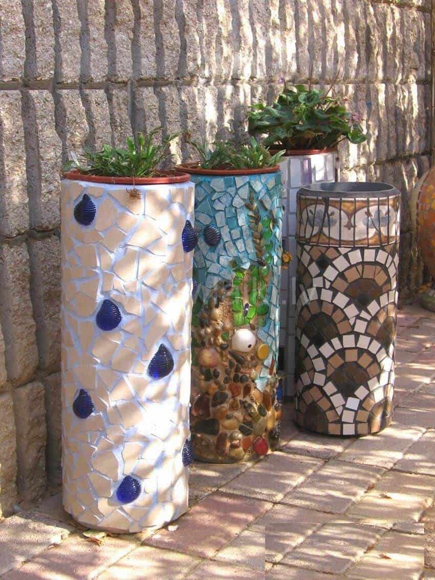 11. DIY Cylindrical Mosaic Garden Planters 11. DIY Cylindrical Mosaic Garden Planters