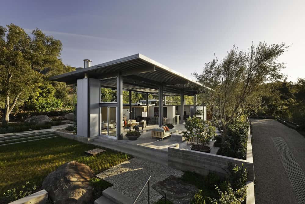 Modern outdoor pavilion with sleek metal framework and open design for architecture art and modern landscape design.