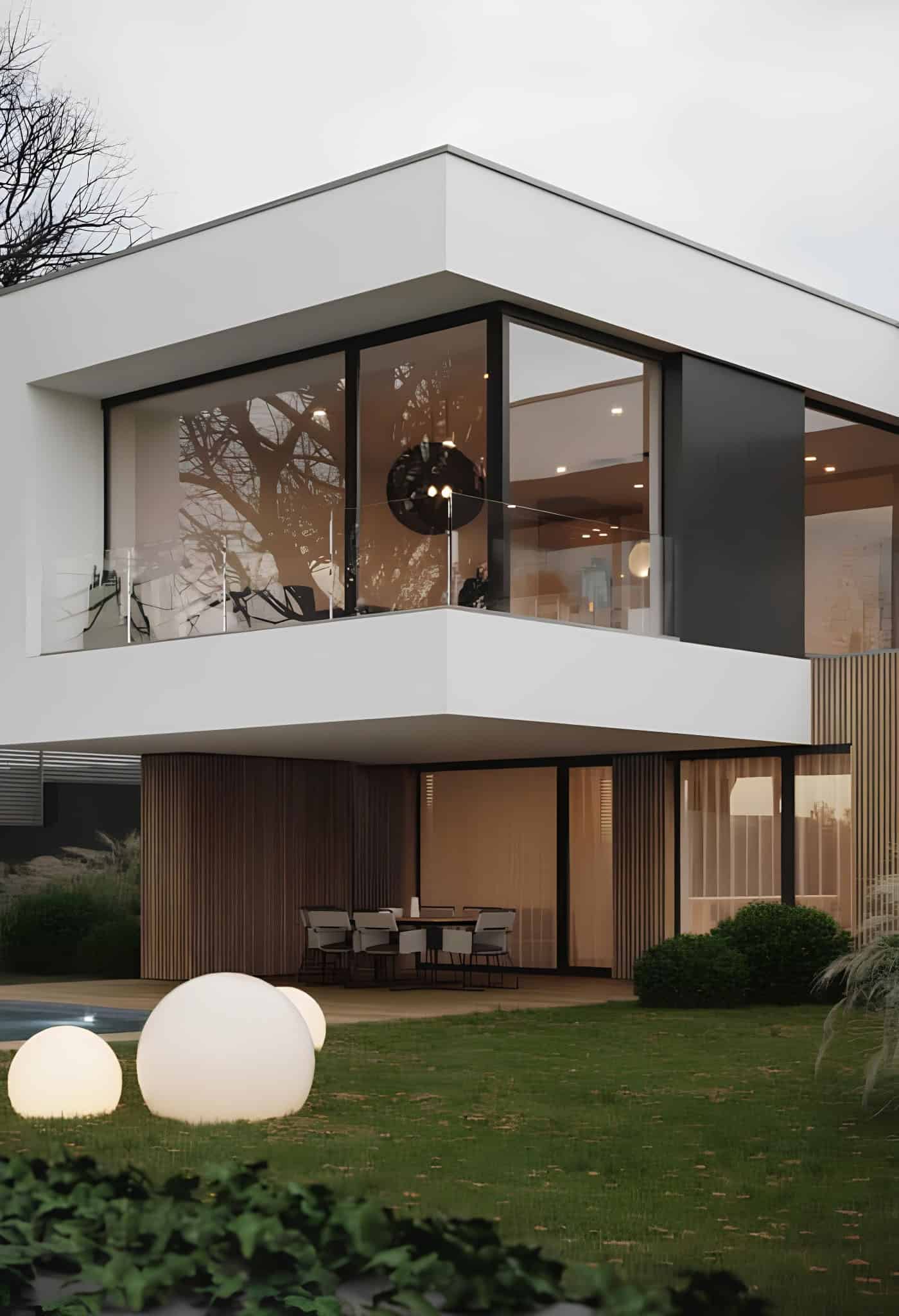 Cantilevered Modern Villa with Garden View Striking modern villa with glass walls and an overhanging upper floor overlooking a manicured garden.