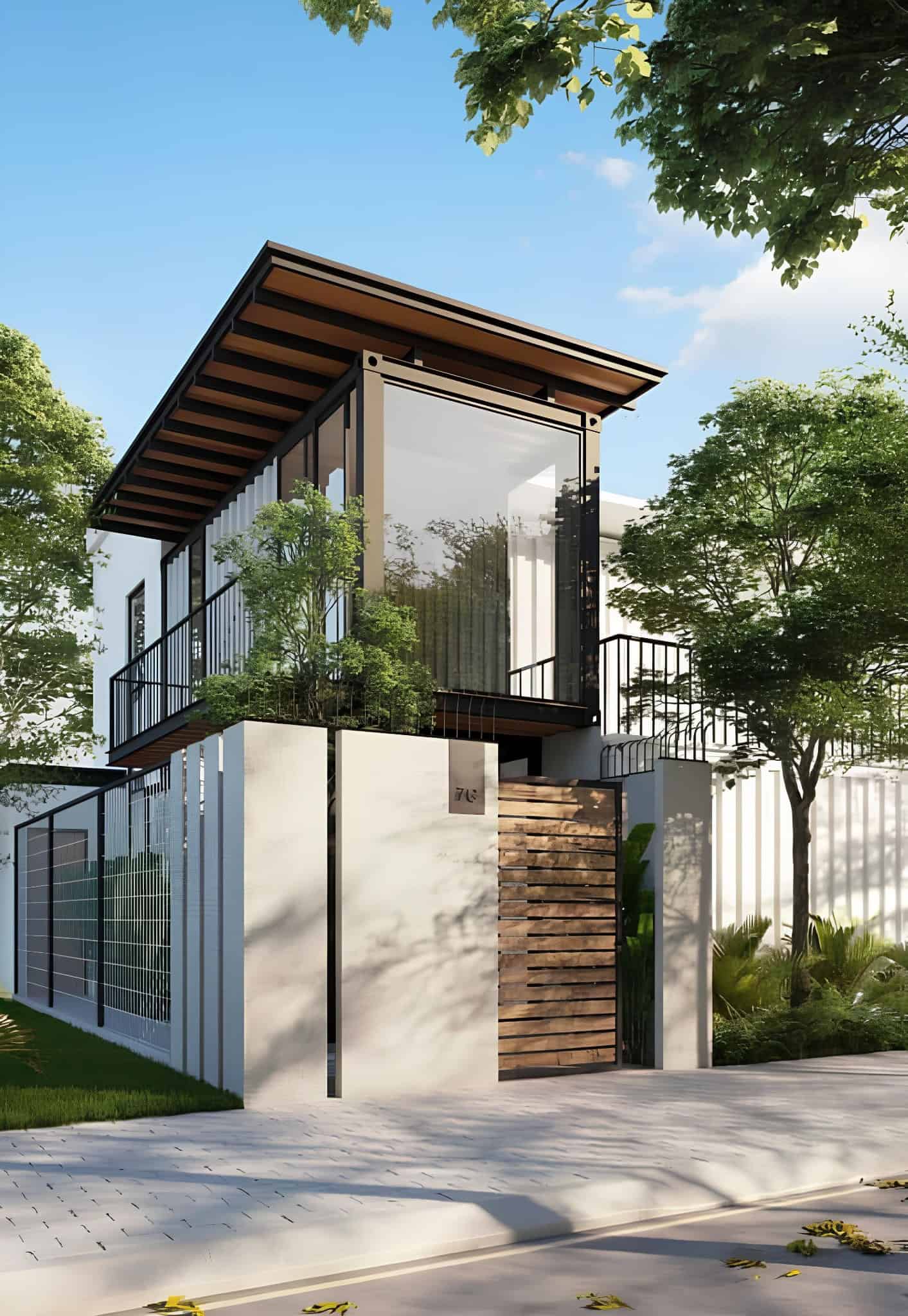 Modern House with Metal and Wood Facade Modern home with industrial elements, wood slats, and extensive greenery.
