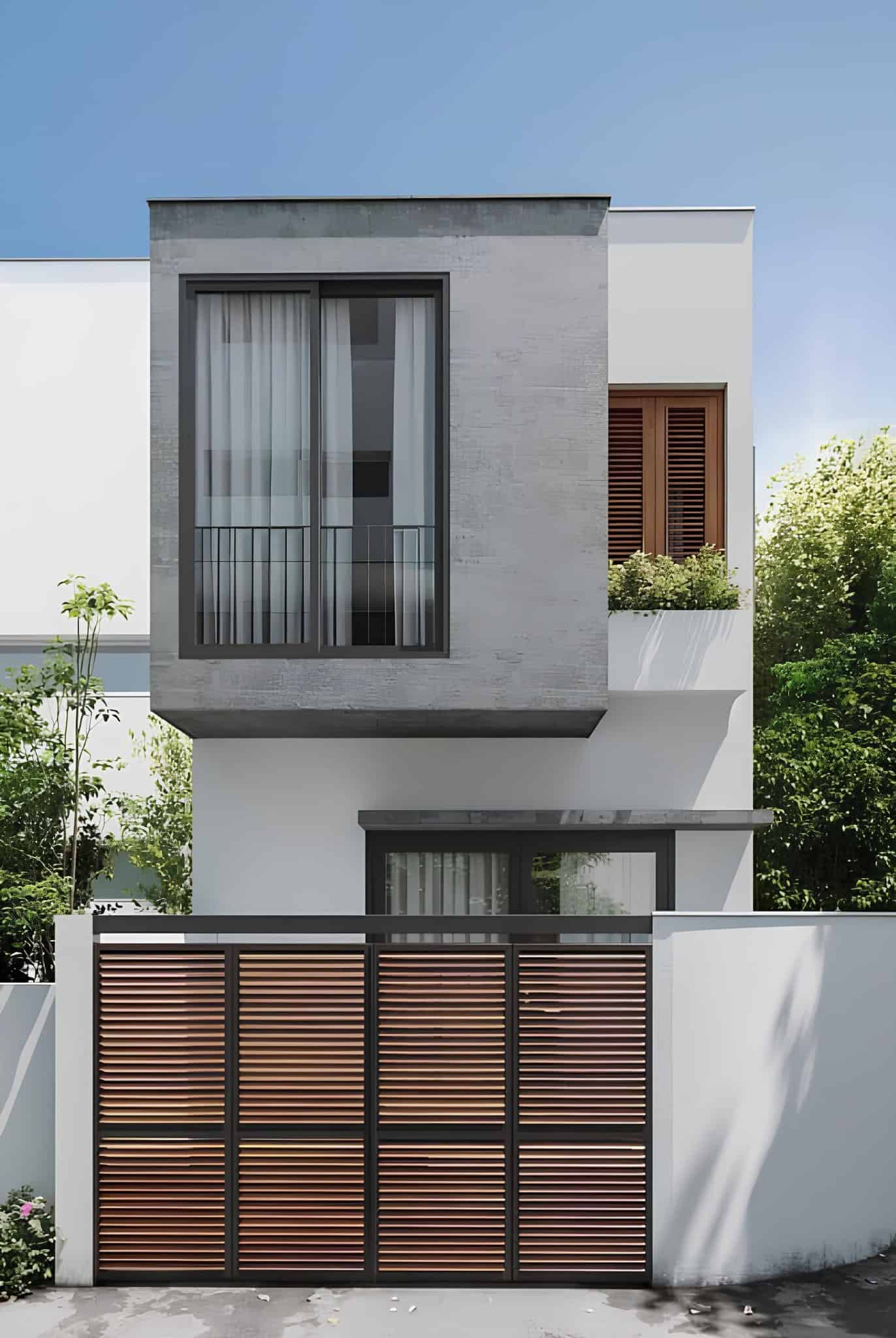 Modern Minimalist House Design with Wooden Gate A clean and minimal facade featuring a bold concrete block and a wooden slatted gate.