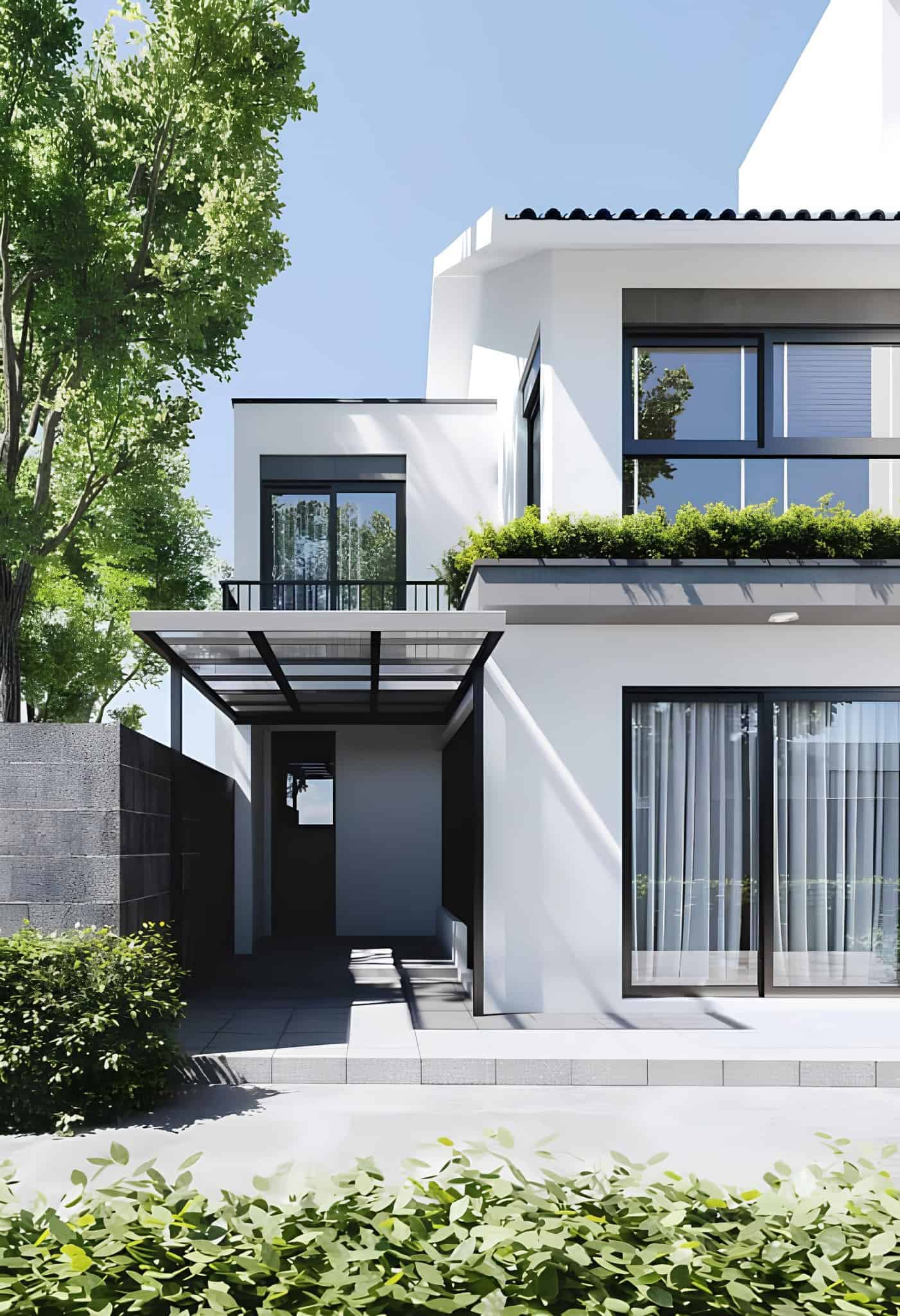 Modern White House with Balcony and Glass Roof Modern white residence with large windows and a glass-roof balcony corridor.
