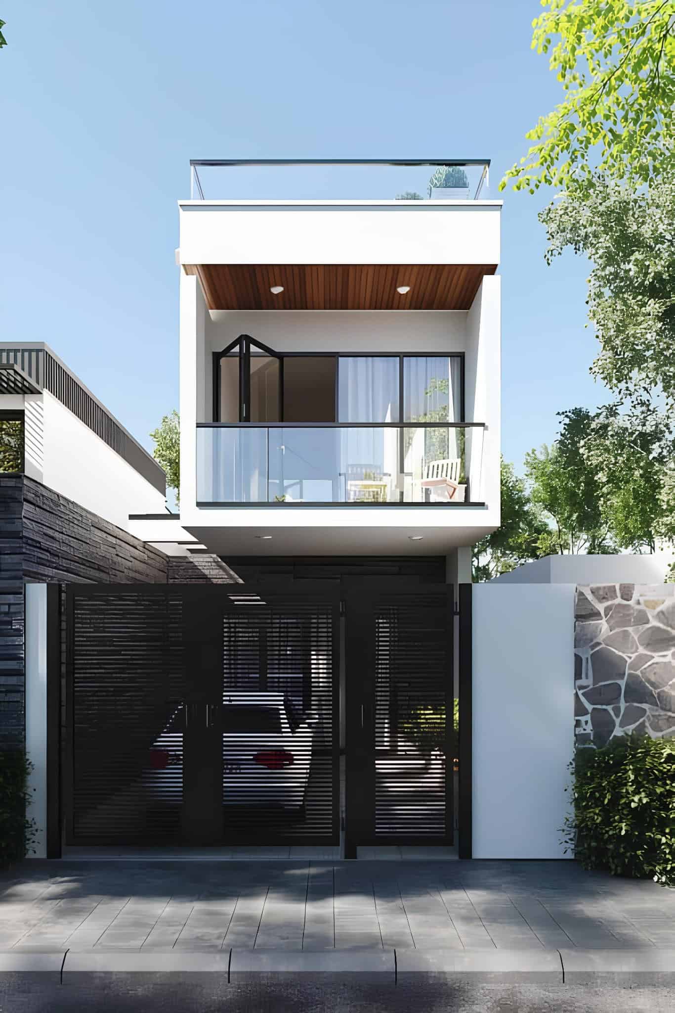 Two-Story House with Balcony and Wooden Ceiling A modern two-story house featuring a balcony with glass railing and warm wooden ceiling.