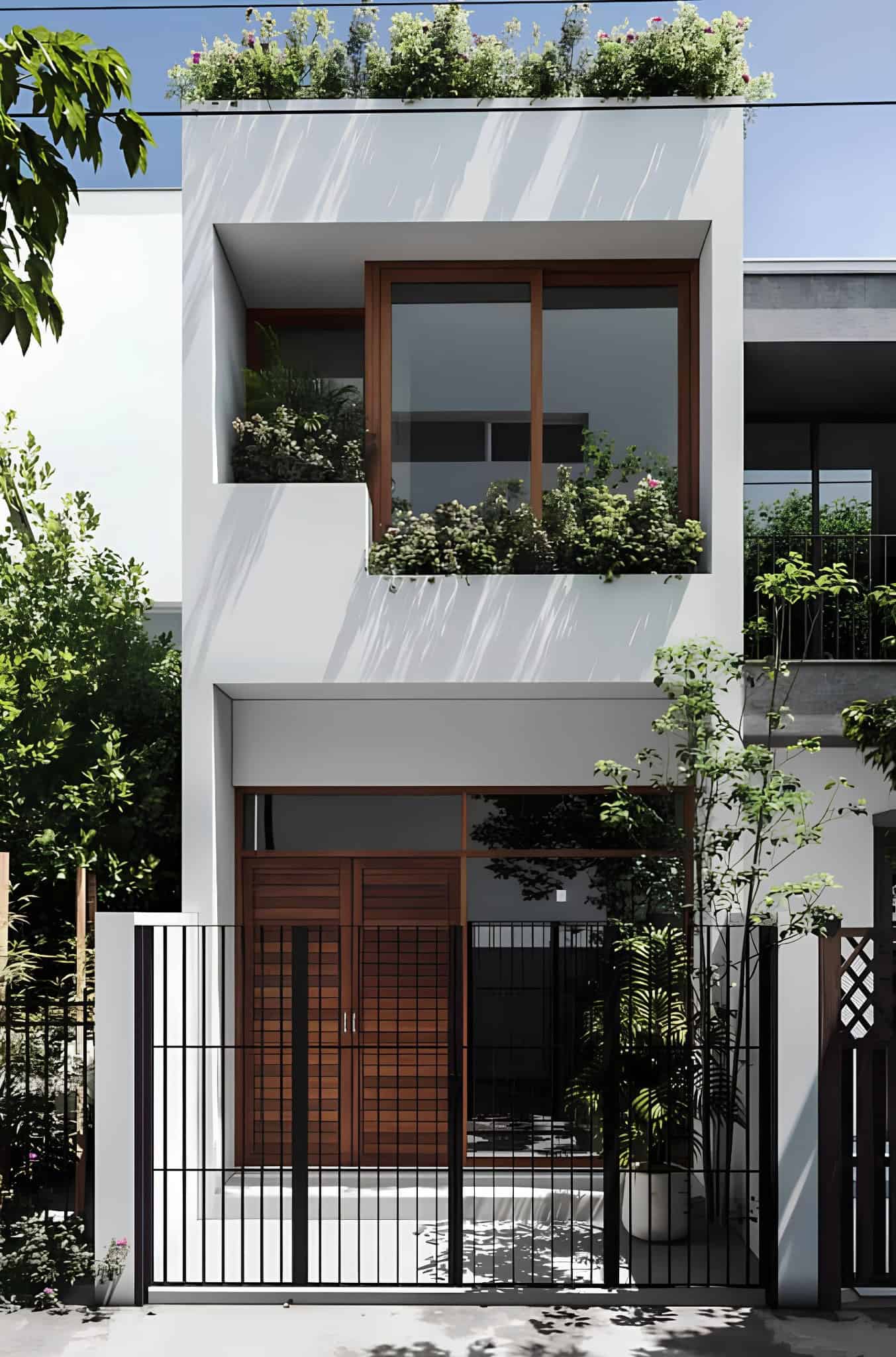 White Modern House with Balcony Garden A compact white modern home featuring a balcony and rooftop garden for urban greenery.