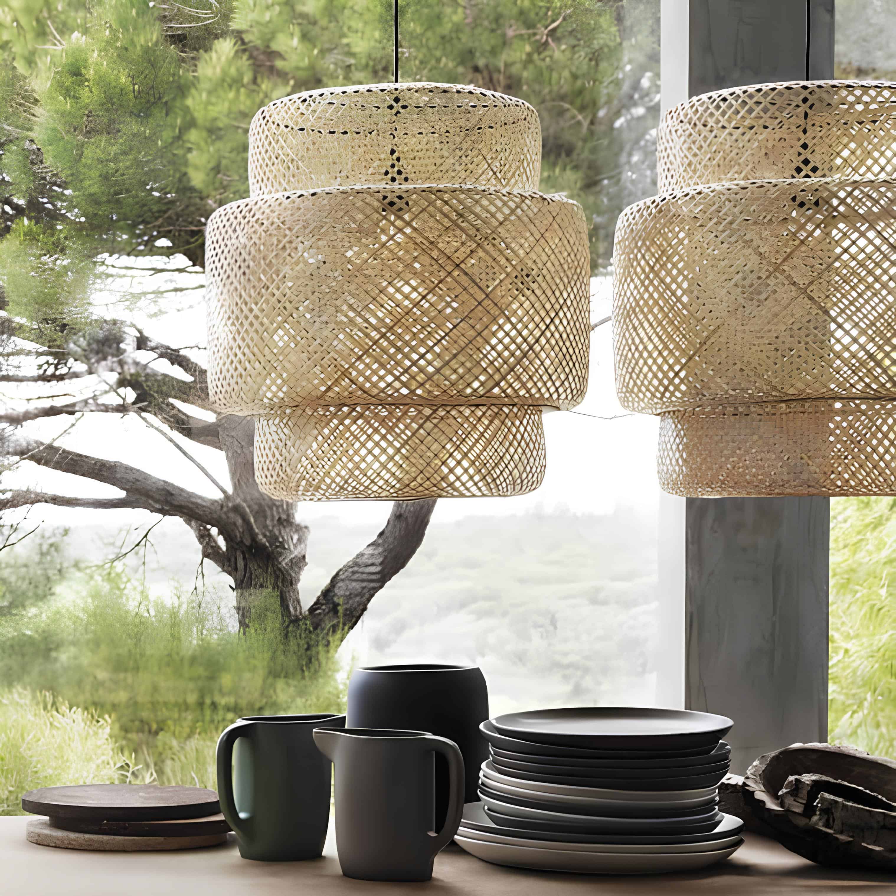 Layered bamboo pendant lights in front of large windows overlooking pine trees