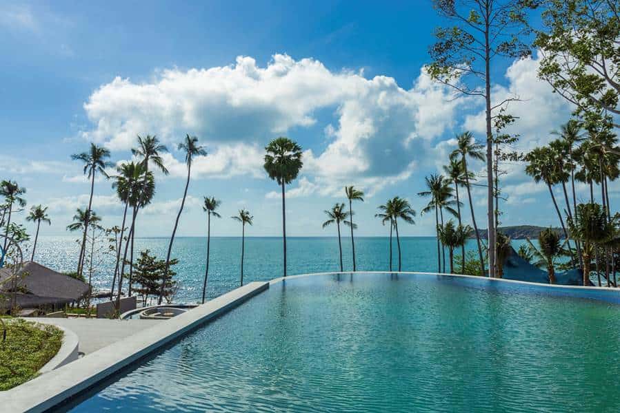Luxury beachfront infinity pool with palm trees and ocean view, modern tropical villa architecture, relaxation and serene landscape, architecture art designs inspiration.