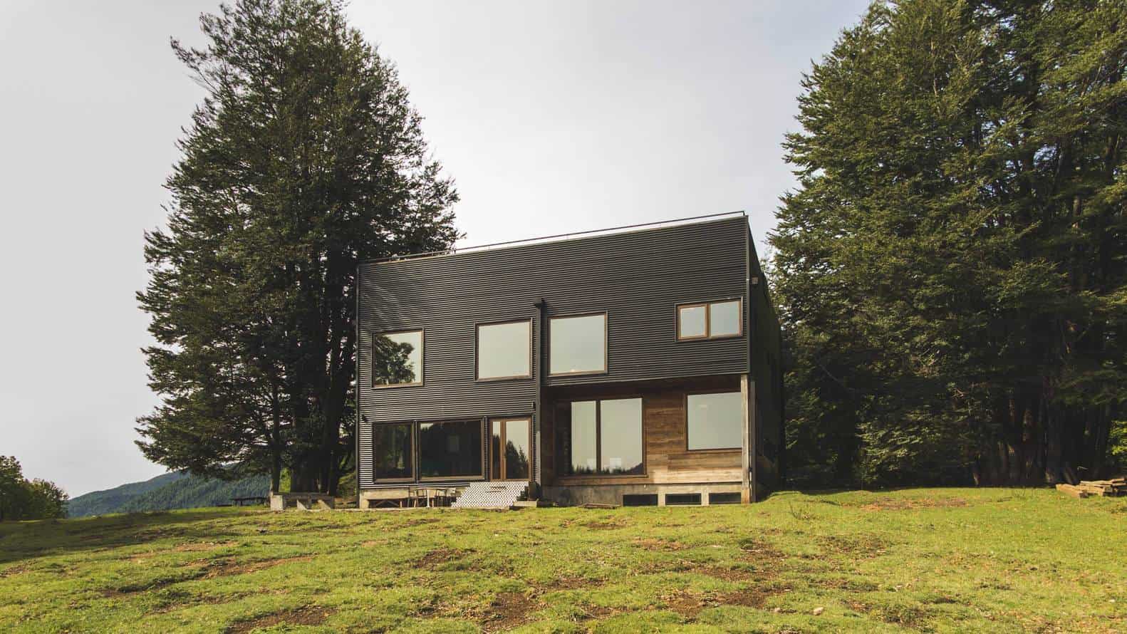 Modern black and wood exterior house with large windows, situated in a lush green landscape surrounded by tall trees, showcasing contemporary architecture and natural integration.