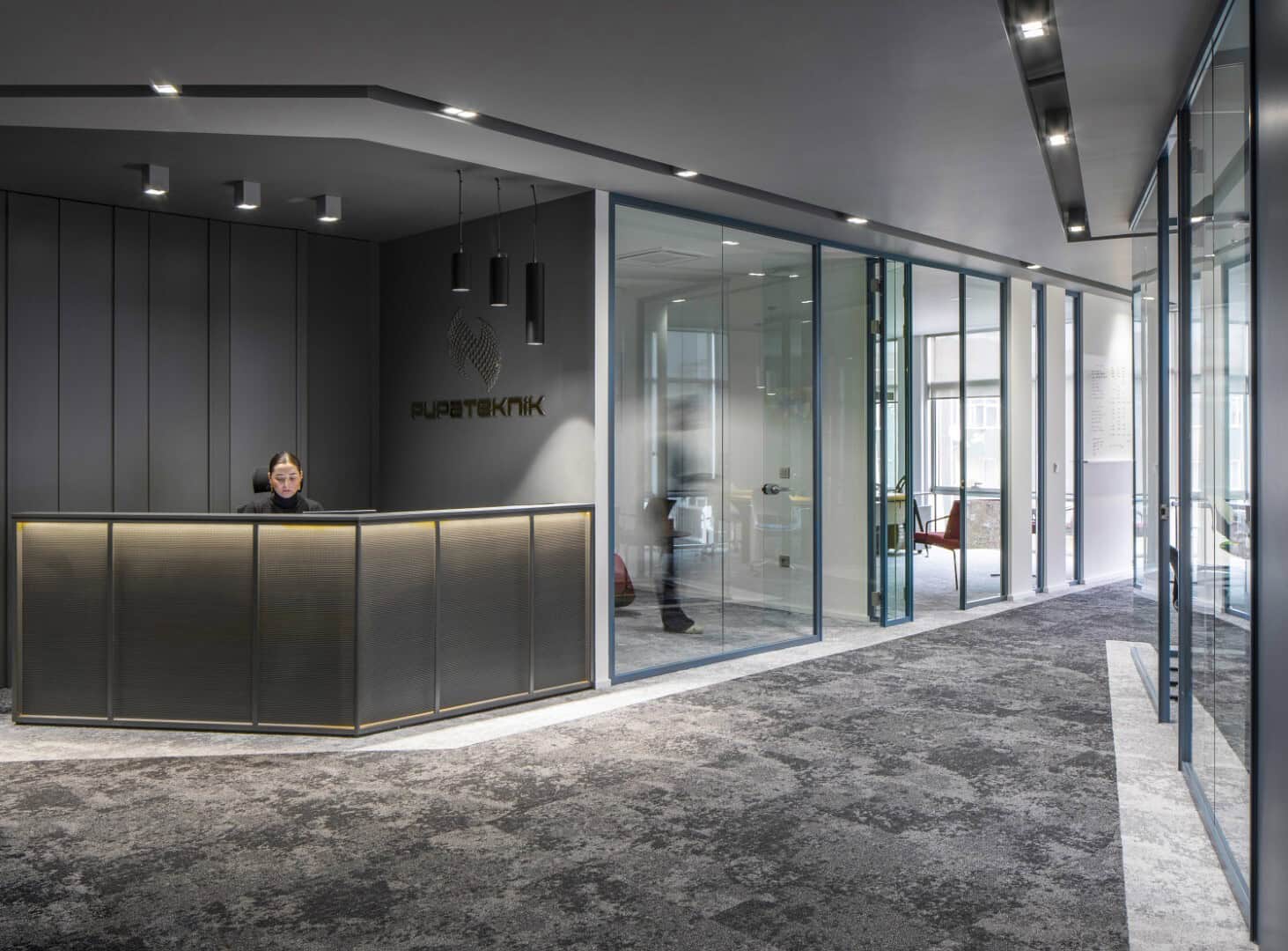 Modern office reception area with sleek dark gray wall panels, stylish lighting fixtures, and glass partition walls creating an open and contemporary workspace environment.