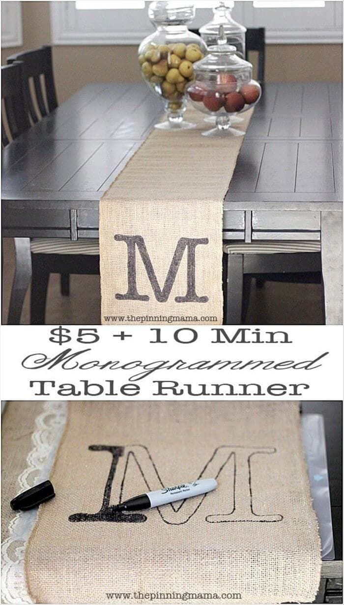 7. $5 + 10 Minute Easy Monogrammed Table Runner Burlap Crafts 7. $5 + 10 Minute Easy Monogrammed Table Runner Burlap Crafts