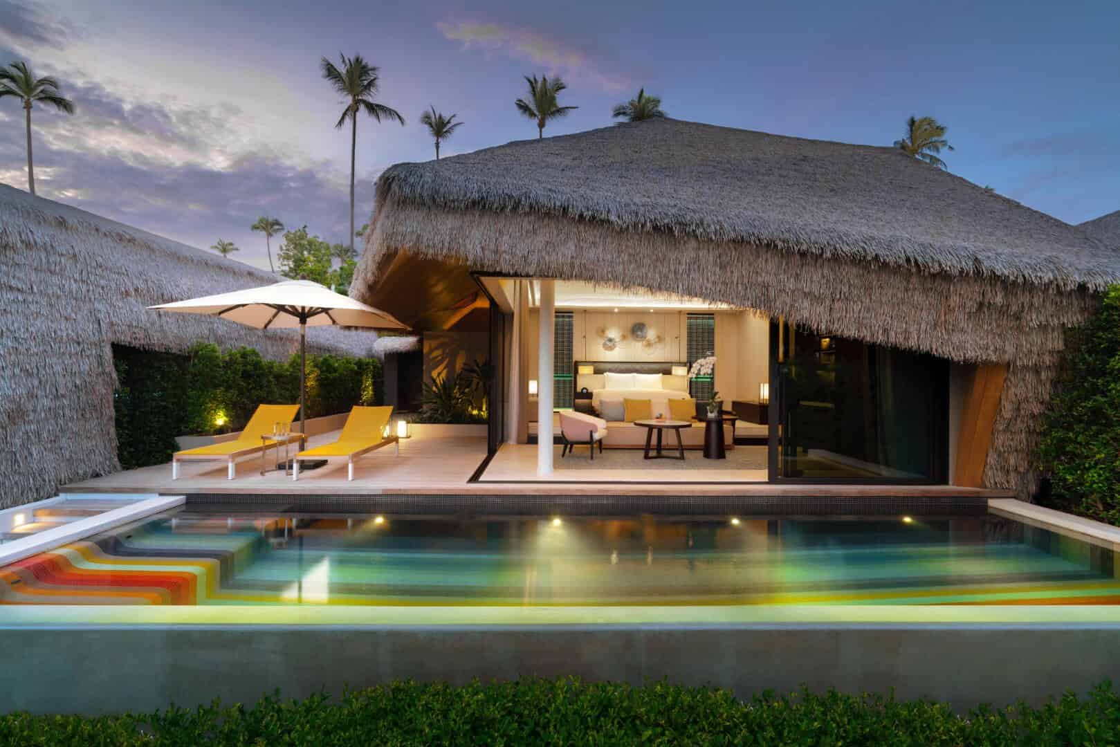 Contemporary tropical villa with thatched roof, outdoor pool, modern lounge area, and lush landscaping showcasing luxury architecture and innovative design elements.