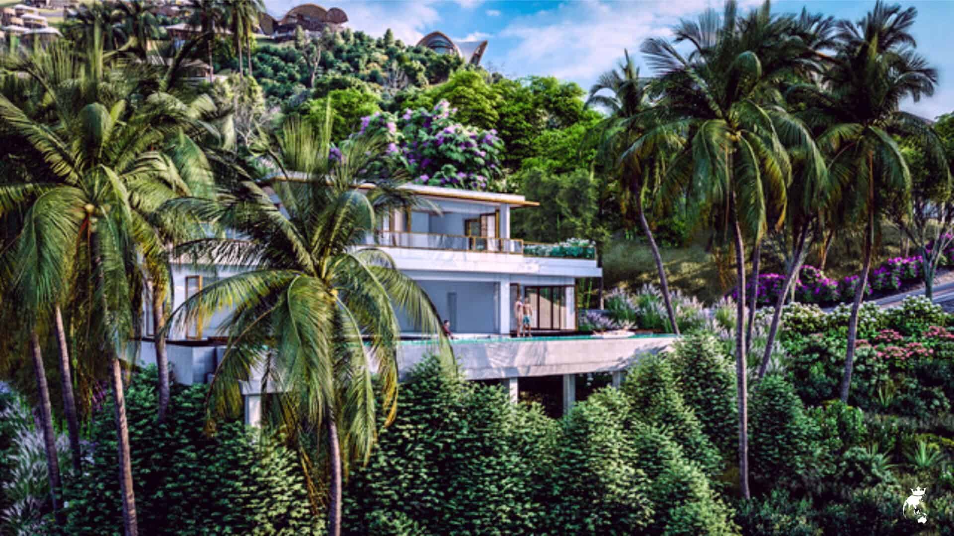 Modern luxury house nestled among lush tropical palm trees and vibrant greenery, showcasing contemporary architecture and outdoor living spaces.