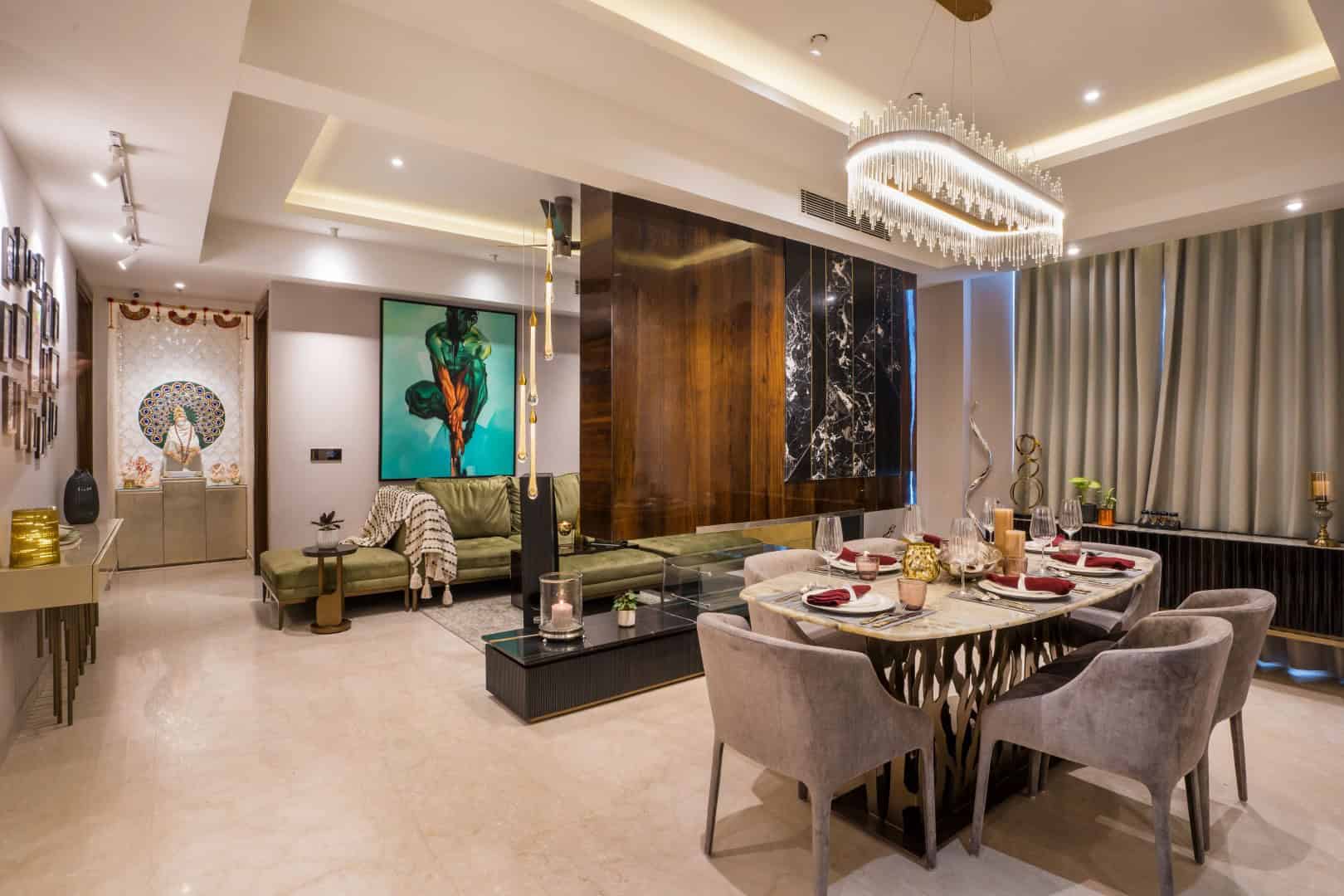 Elegant modern living and dining room with contemporary furniture, artistic decor, and stylish lighting for luxury interior design inspiration.