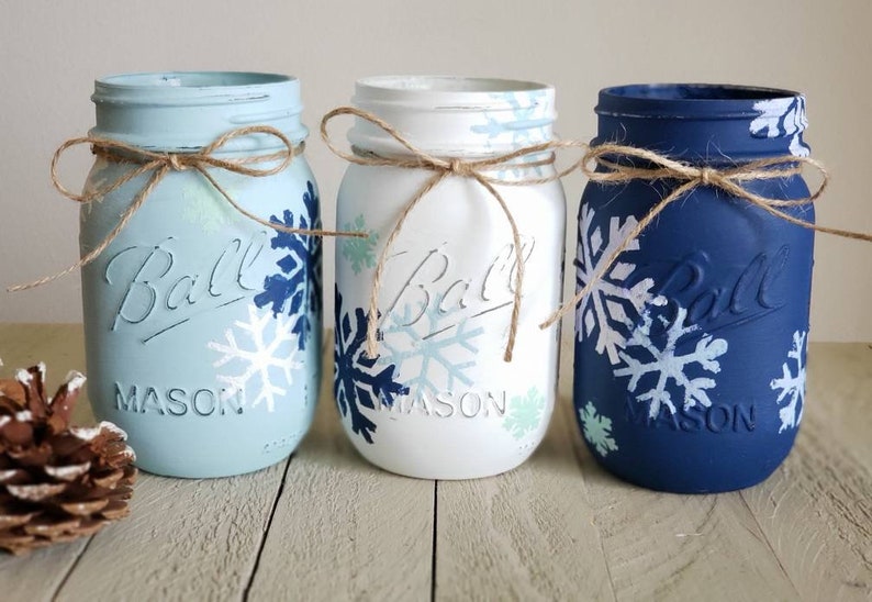 Farmhouse Winter Mason Jars/Farmhouse Christmas Mason Jars/Snowflake Mason Jars 