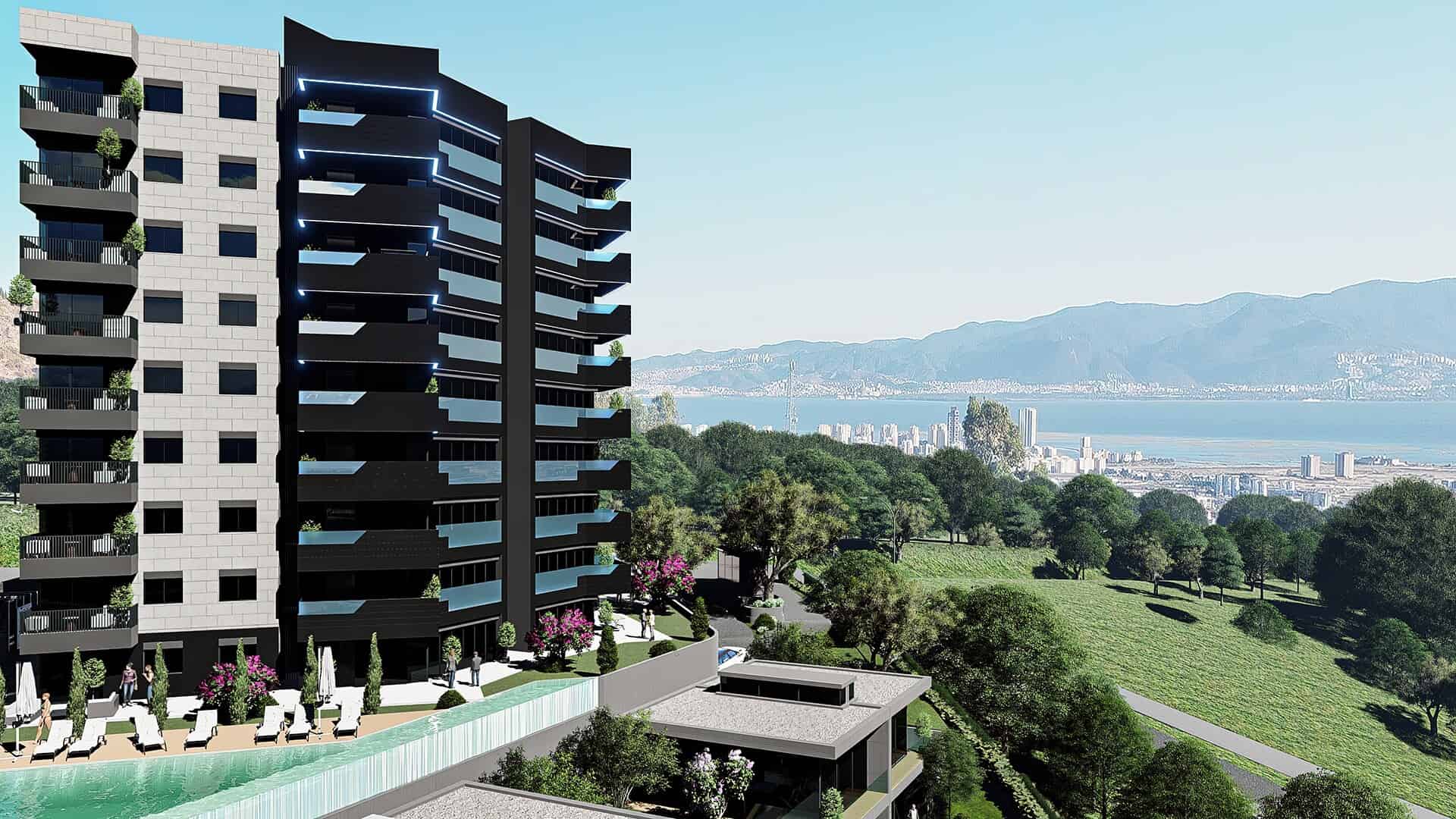 Luxurious modern high-rise residential building with black glass balconies and landscaped gardens located in scenic outdoor setting with city and mountain views.