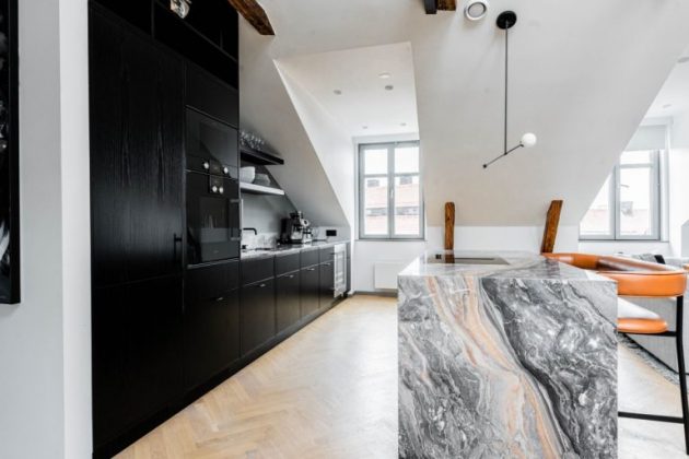 Black Kitchen With Arabescato Marble Countertop