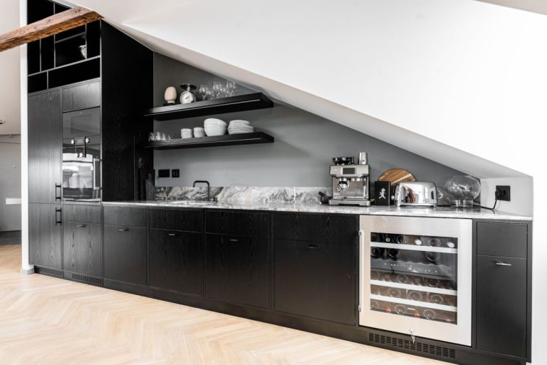 Black Kitchen With Arabescato Marble Countertop Black Kitchen With Arabescato Marble Countertop