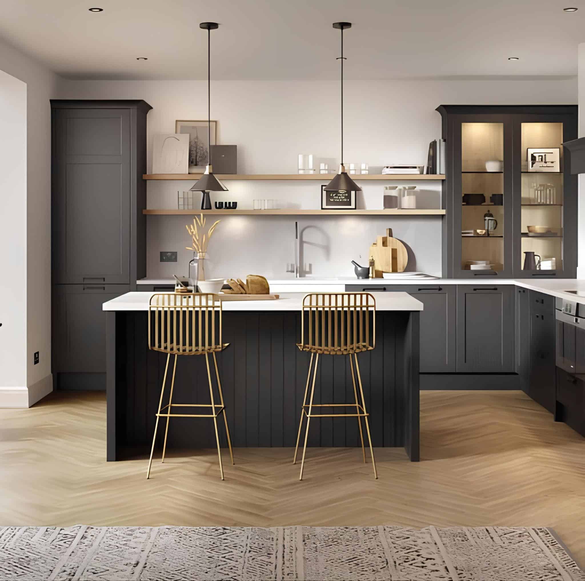 Modern kitchen with black cabinets, white countertops, and gold bar stools
