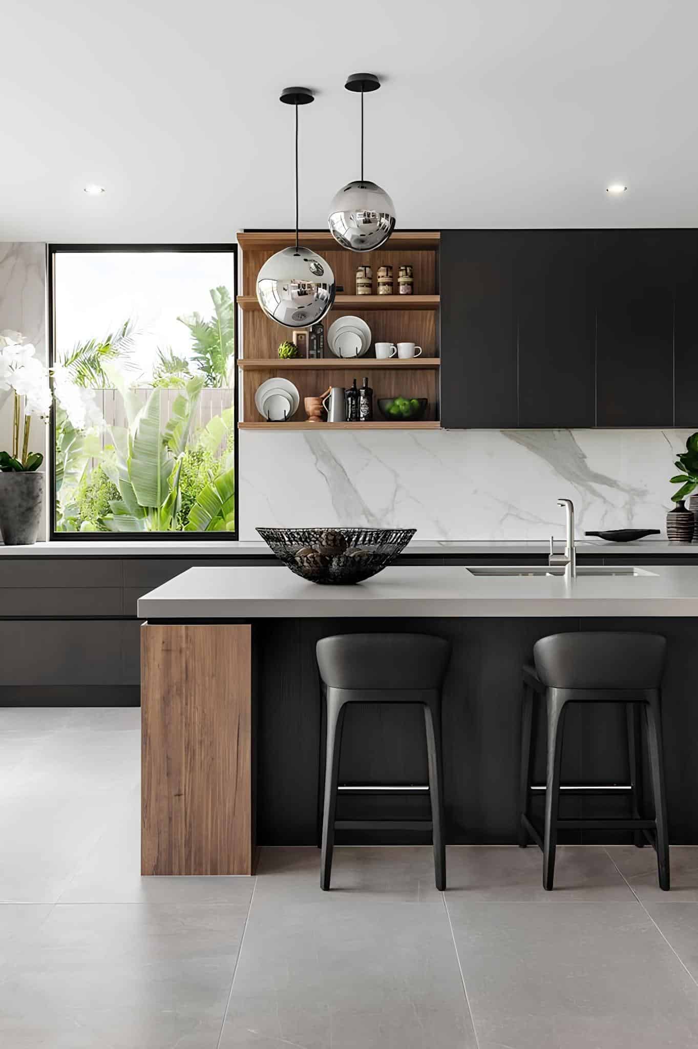 Contemporary black and white kitchen with large window and garden view