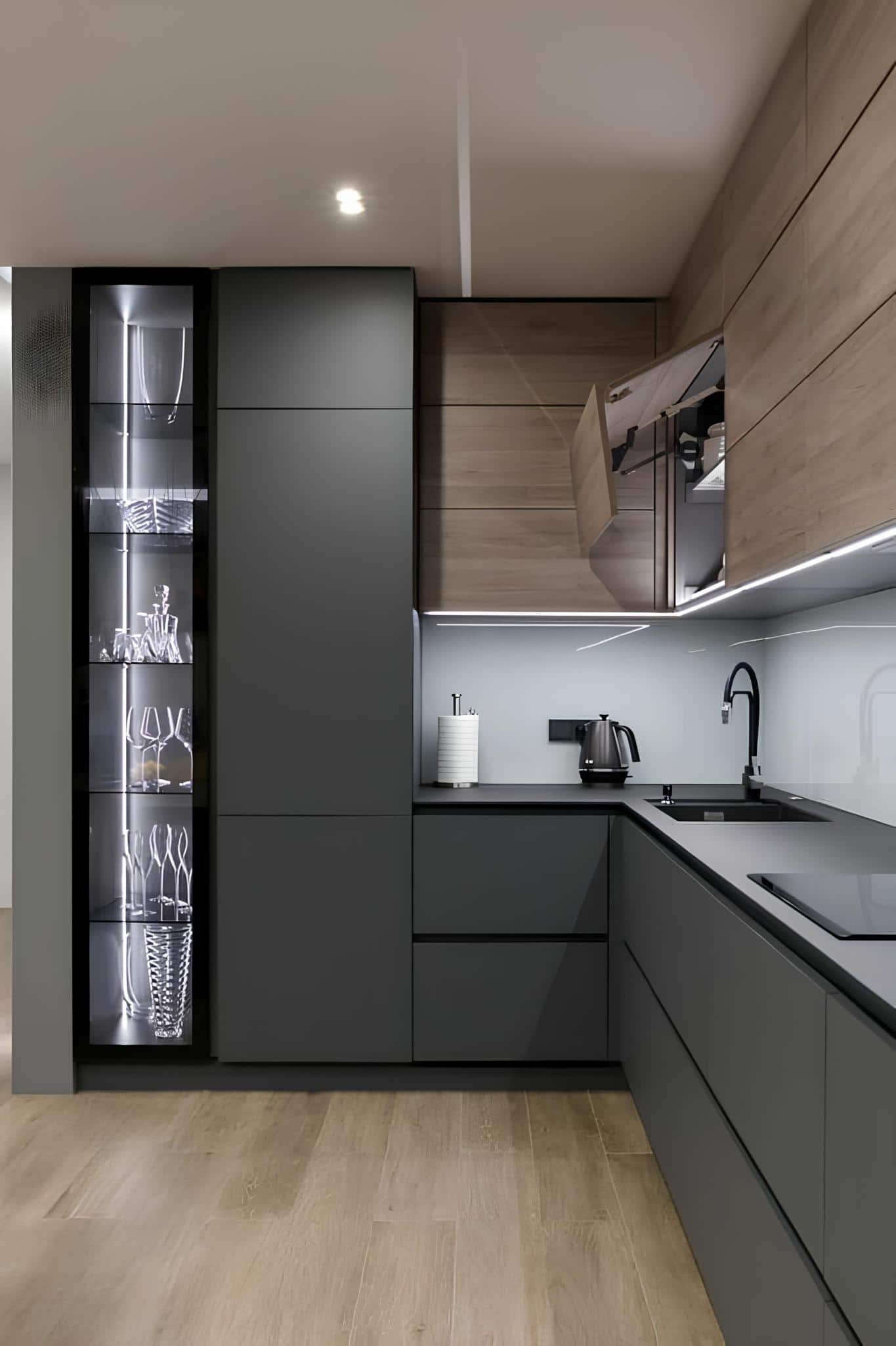 Modern kitchen with matte black cabinets and wood upper cupboards