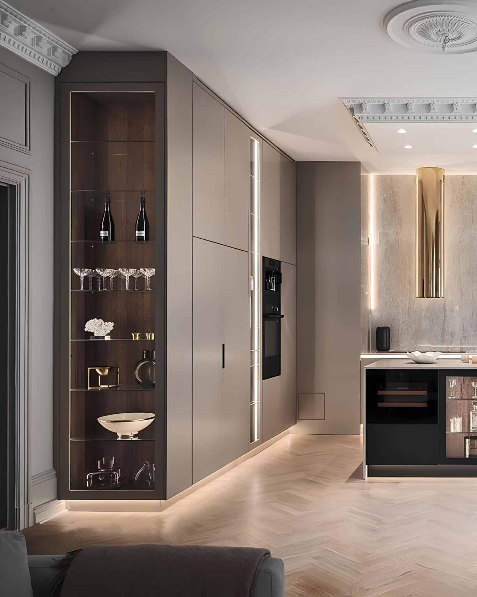 Sophisticated kitchen with glass cabinet display and ambient lighting