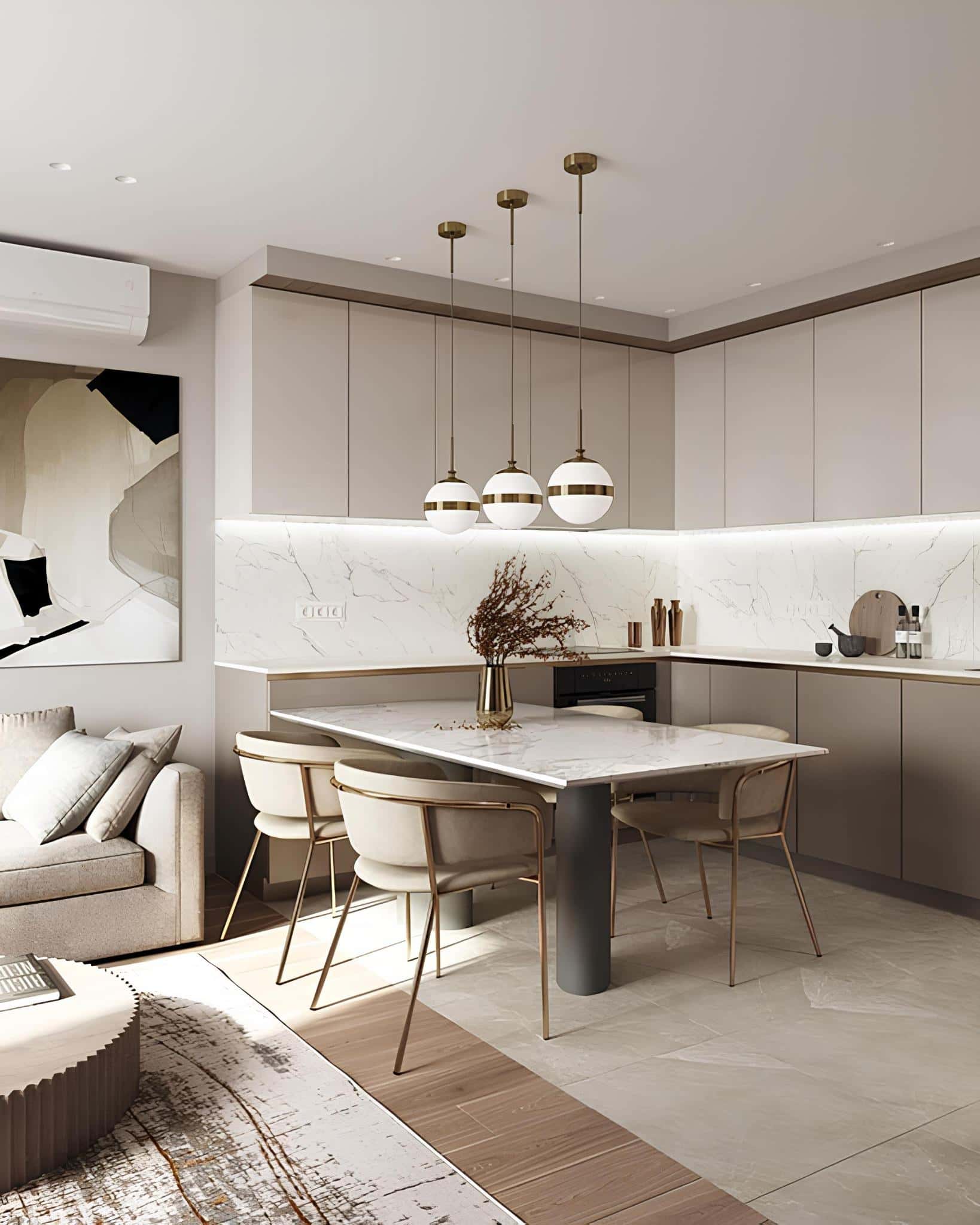 Open-plan kitchen with pendant lights and light gray cabinetry