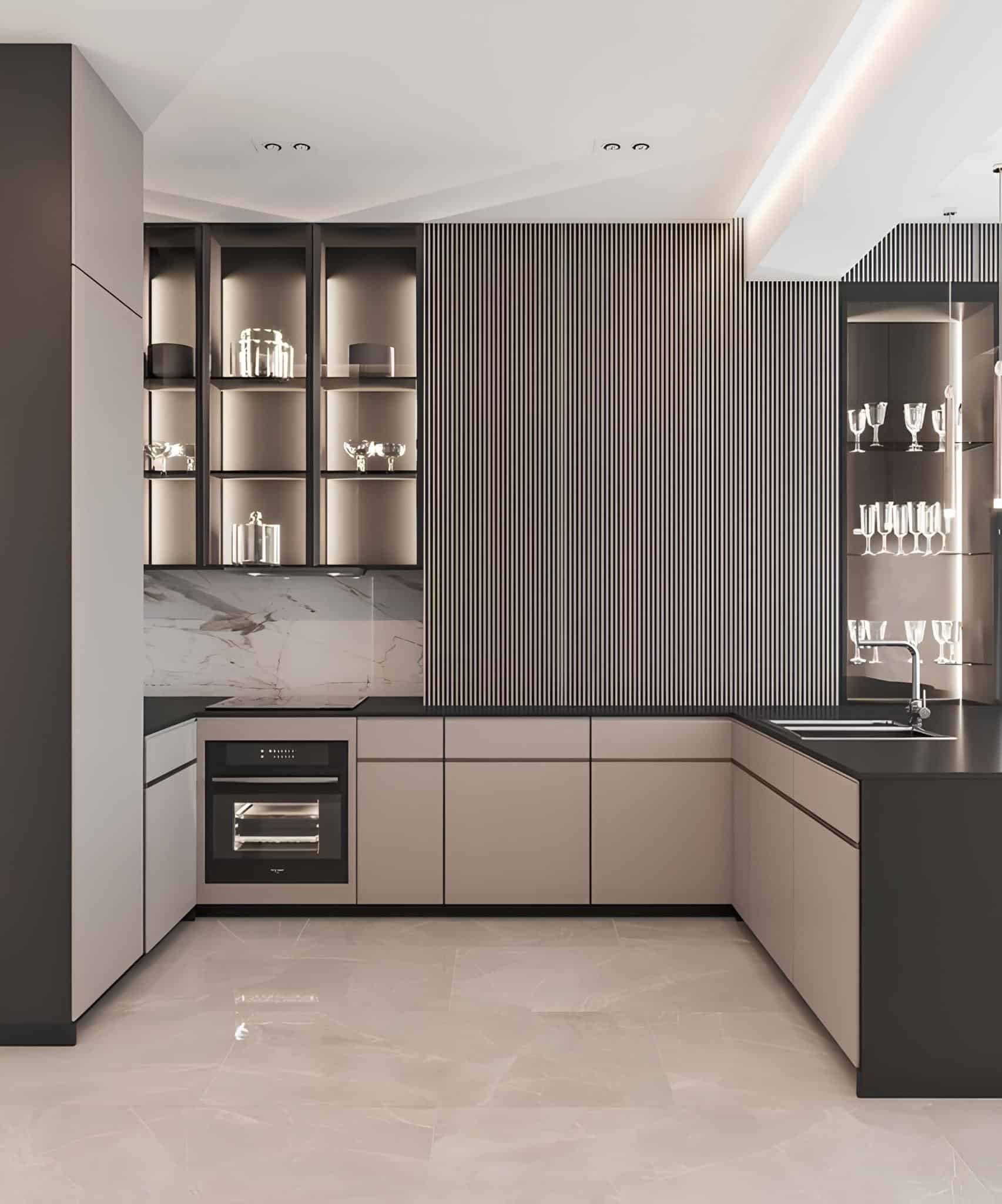 Contemporary kitchen with striped wall detail and open shelving