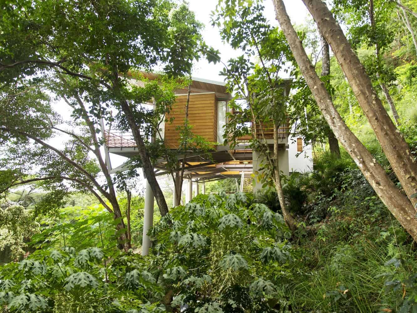 Contemporary eco-friendly treehouse nestled in lush green forest, featuring modern architecture, wooden accents, and large windows for natural light. Sustainable design blending seamlessly with nature.