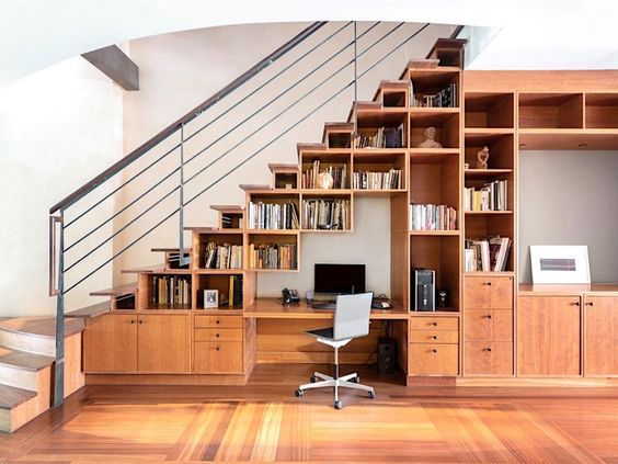 Examples of the perfect layout of an office under a staircase