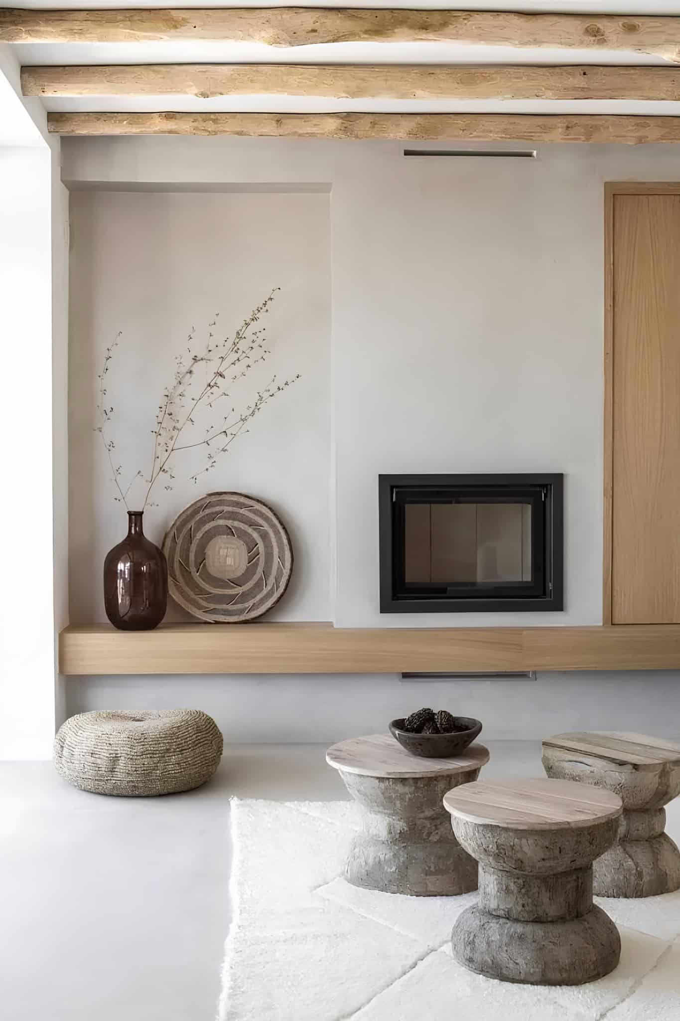Mediterranean Style Bathroom with Wooden Wardrobes Modern minimalist bathroom with built-in wardrobes and microcement sink.