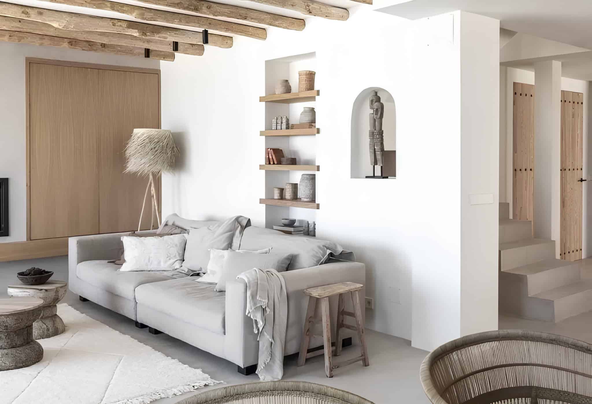 Mediterranean Style Living Room with Fireplace Living room with fireplace, stone coffee tables, and woven accents.