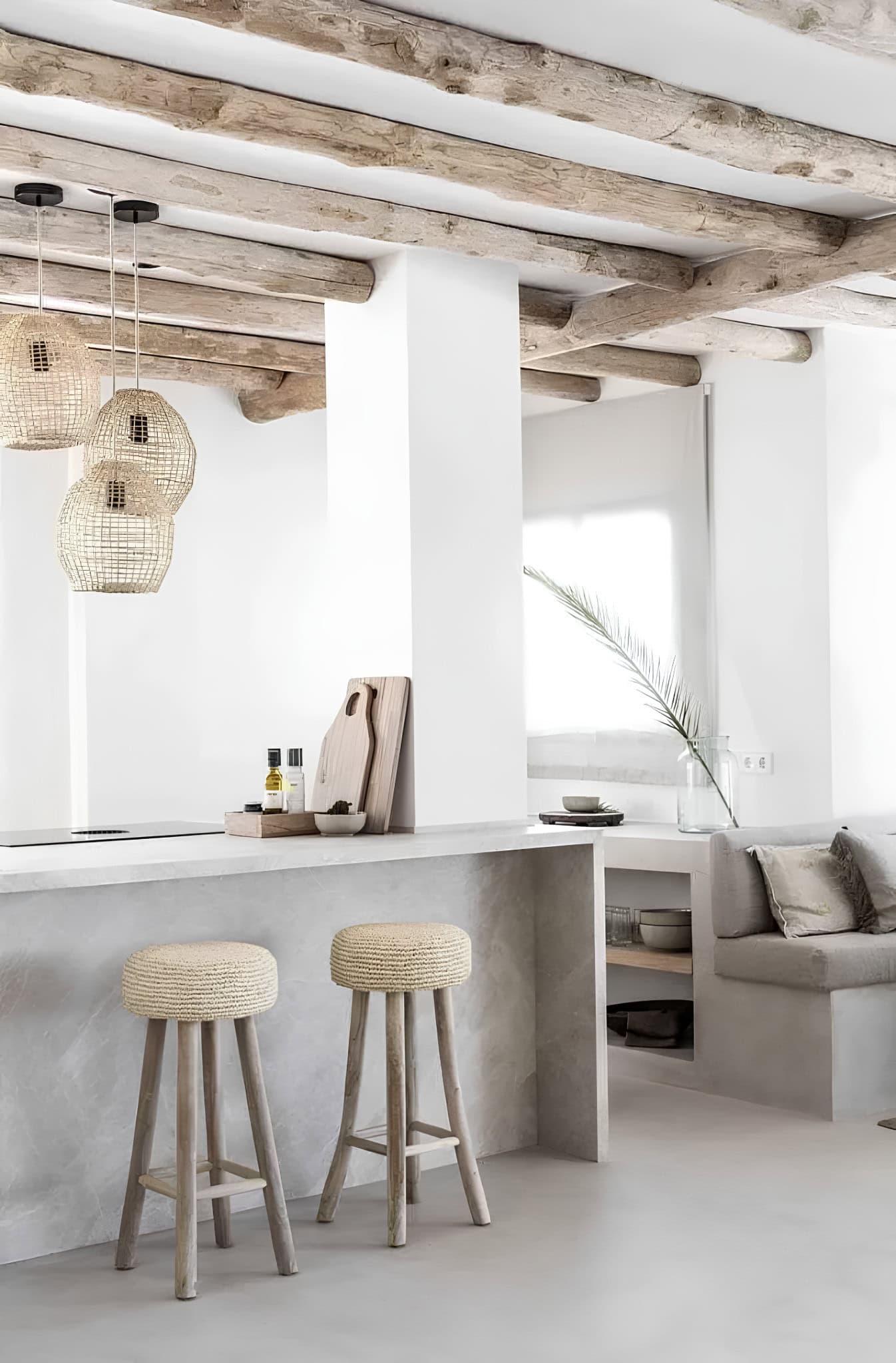 Mediterranean Style Wood Cabinetry Open Shelving Modern kitchen with natural wood cabinetry and recessed open shelving.